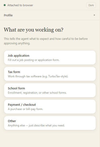 MacyForms chat panel showing the form-category picker: job application, tax form, school form, payment/checkout, or other